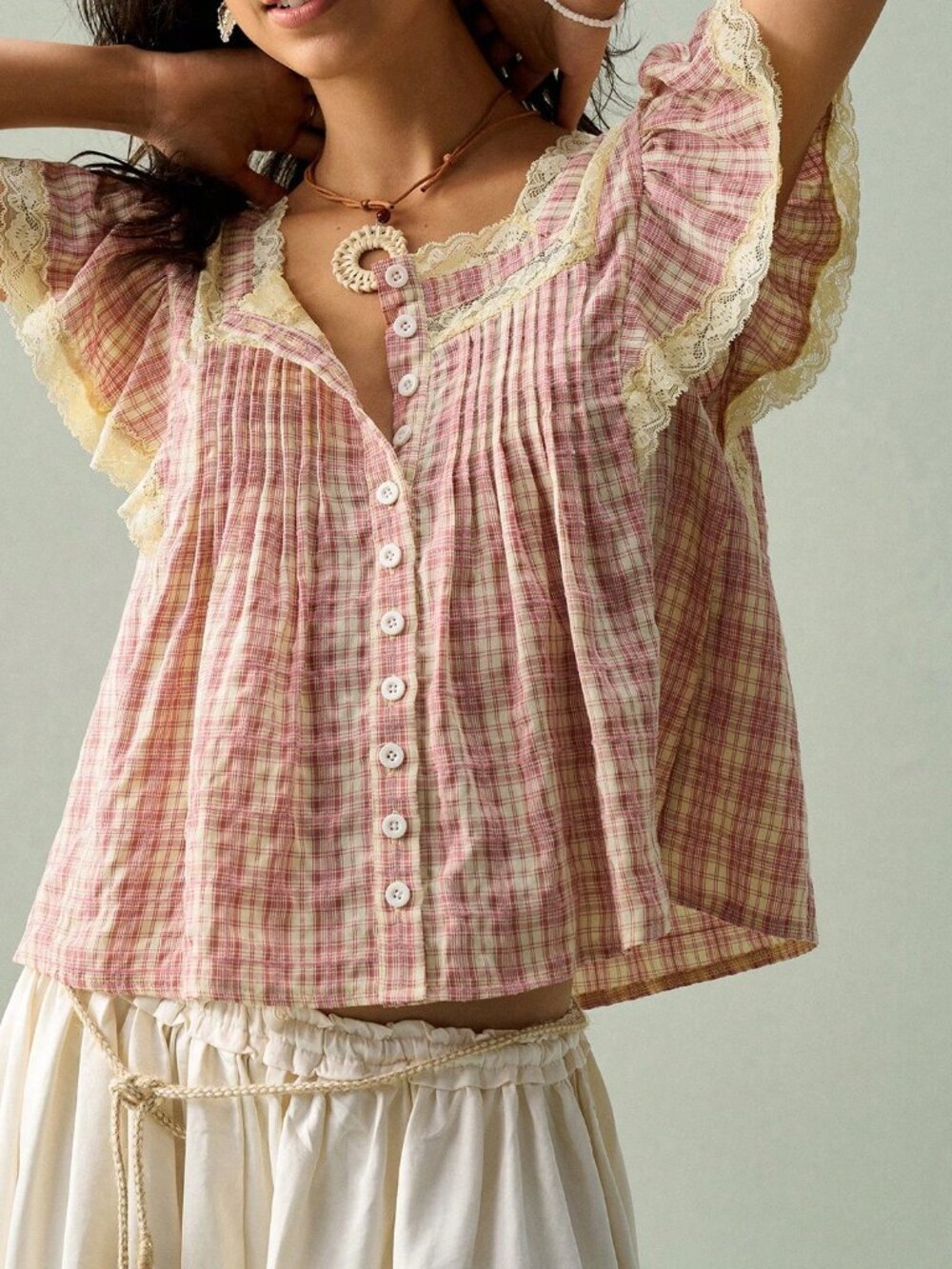 Baby Pink Casual Women's Collar Button-Up Floral Lace Ruffle Sleeve Blouse - Picture 7 of 9